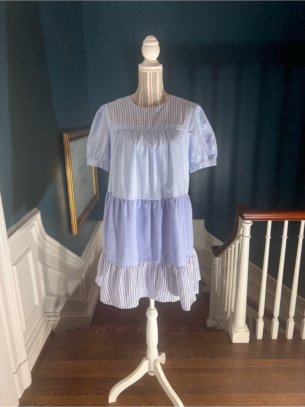 Pomander Place stripe ruffle medium blue dress lined women’s short sleeve D434